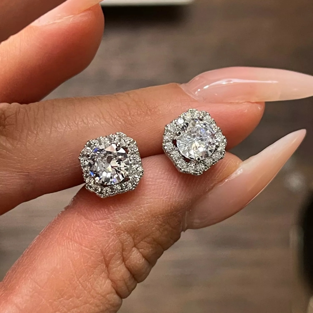 New Silver Hexagon Round Diamond Earrings